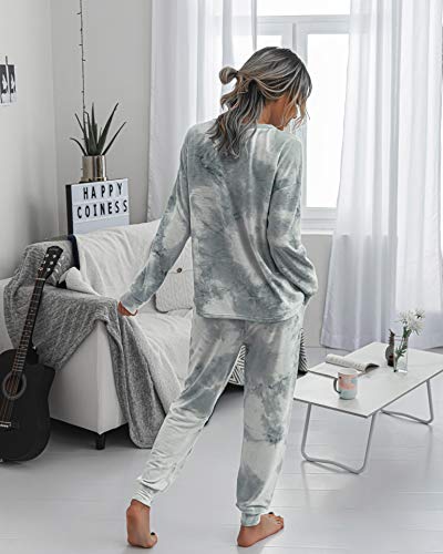 PRETTYGARDEN Women's Tie Dye Two Piece Tracksuit Set Long Sleeve Sweatshirt with Long Pants (Grey,Small)