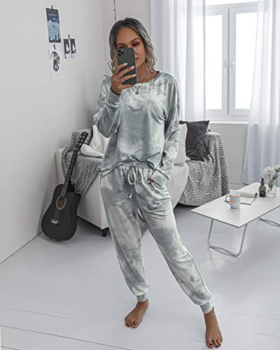 PRETTYGARDEN Women's Tie Dye Two Piece Tracksuit Set Long Sleeve Sweatshirt with Long Pants (Grey,Small)