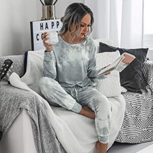 PRETTYGARDEN Women's Tie Dye Two Piece Tracksuit Set Long Sleeve Sweatshirt with Long Pants (Grey,Small)