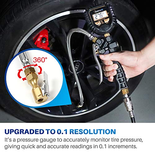 AstroAI Digital Tire Pressure Gauge, Heavy Duty Tire Inflator Gauge 250PSI Air Chuck Compressor Accessories with Stainless Braided Hose, Rotatable Dial&Quick Connect Coupler for Truck/RV/SUV