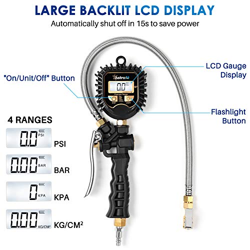 AstroAI Digital Tire Pressure Gauge, Heavy Duty Tire Inflator Gauge 250PSI Air Chuck Compressor Accessories with Stainless Braided Hose, Rotatable Dial&Quick Connect Coupler for Truck/RV/SUV