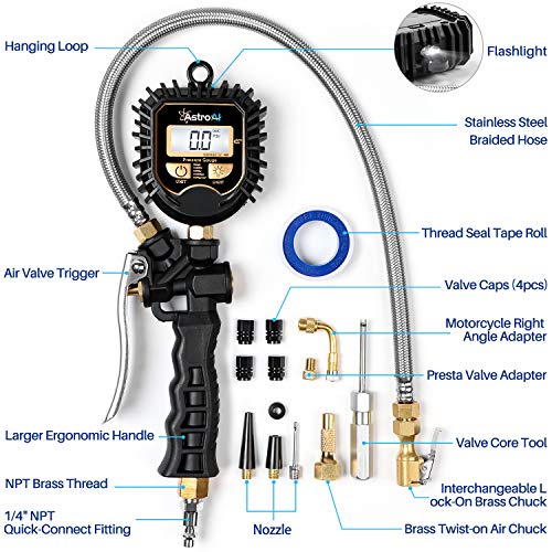 AstroAI Digital Tire Pressure Gauge, Heavy Duty Tire Inflator Gauge 250PSI Air Chuck Compressor Accessories with Stainless Braided Hose, Rotatable Dial&Quick Connect Coupler for Truck/RV/SUV