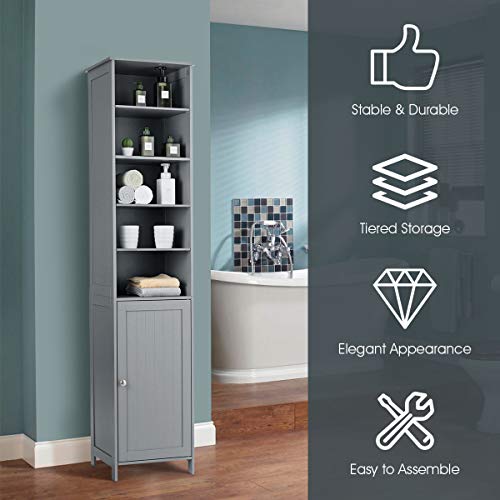 Tangkula 72 Inches Tall Cabinet, Bathroom Free Standing Tower Cabinet with Adjustable Shelves & Cupboard with Door Space Saving Cabinet Organizer Home Storage Furniture (Gray)