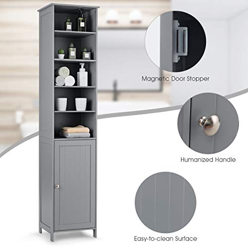 Tangkula 72 Inches Tall Cabinet, Bathroom Free Standing Tower Cabinet with Adjustable Shelves & Cupboard with Door Space Saving Cabinet Organizer Home Storage Furniture (Gray)