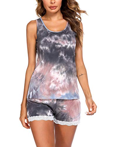 Ekouaer Pajama Short Sets Tie Dye Print Lounge Set Sleeveless Womens Pj Sets Summer Sleepwear Set L