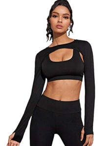 sweatyrocks women's stretch cutout yoga sports tee long sleeve crop top t shirts black medium