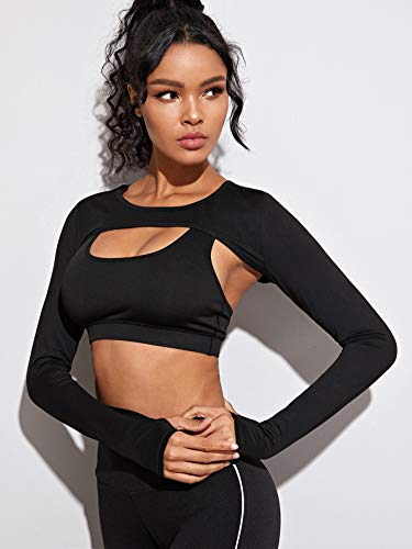 SweatyRocks Women's Stretch Cutout Yoga Sports Tee Long Sleeve Crop Top T Shirts Black Medium