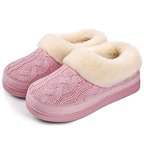 HomeTop Women's Comfortable Memory Foam Loafer House Shoes Warm Fuzzy Plush Winter Slipper with Anti-Skid Rubber Sole (8, Pink)