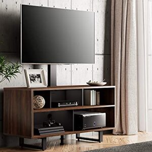 FITUEYES TV Stand with Mount for 32-70 inch TVs, Swivel Floor Entertainment Center with Wood Console Holds Up to 110 Pounds For Living Room, Bedroom (Walnut Television Stands)