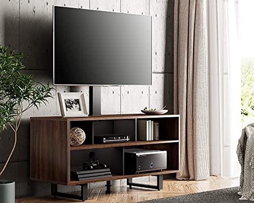 FITUEYES TV Stand with Mount for 32-70 inch TVs, Swivel Floor Entertainment Center with Wood Console Holds Up to 110 Pounds For Living Room, Bedroom (Walnut Television Stands)