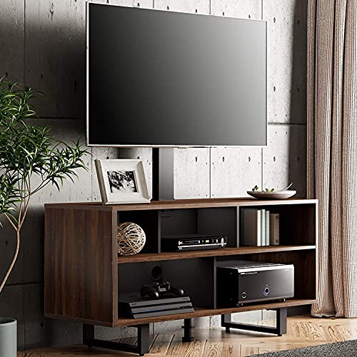 FITUEYES TV Stand with Mount for 32-70 inch TVs, Swivel Floor Entertainment Center with Wood Console Holds Up to 110 Pounds For Living Room, Bedroom (Walnut Television Stands)