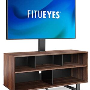 FITUEYES TV Stand with Mount for 32-70 inch TVs, Swivel Floor Entertainment Center with Wood Console Holds Up to 110 Pounds For Living Room, Bedroom (Walnut Television Stands)