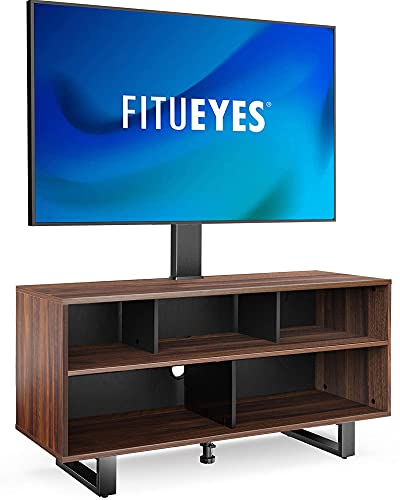 FITUEYES TV Stand with Mount for 32-70 inch TVs, Swivel Floor Entertainment Center with Wood Console Holds Up to 110 Pounds For Living Room, Bedroom (Walnut Television Stands)