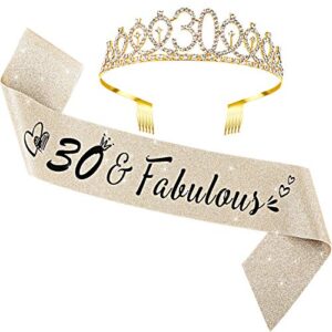 willbond 30th birthday sash and tiara set 30 and fabulous satin sash gold glitter birthday rhinestone tiara crown for 30th party supplies favors decorations