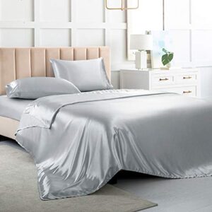satin bed sheets full size sheet sets, silver grey silk sheets, 4 - pieces soft bedding set with 1 deep pocket fitted sheet,1 flat sheet,2 pillowcase