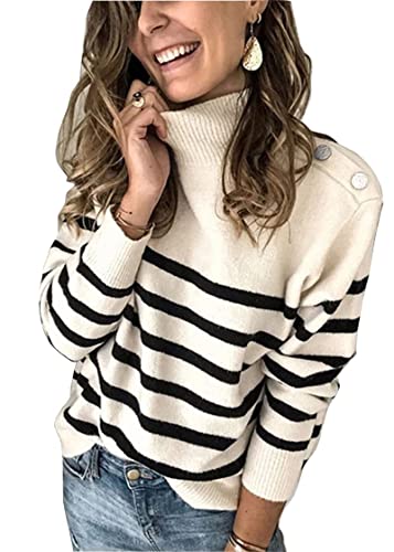 KIRUNDO Women's 2023 Fall Winter Long Sleeve Knit Sweater Turtleneck Striped Loose Pullover Tops Deco with Metal Buttons(White, Small)