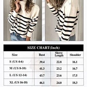 KIRUNDO Women's 2023 Fall Winter Long Sleeve Knit Sweater Turtleneck Striped Loose Pullover Tops Deco with Metal Buttons(White, Small)