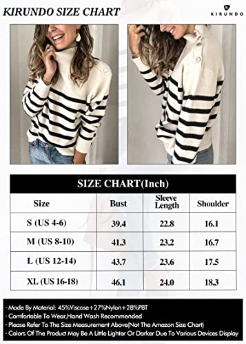 KIRUNDO Women's 2023 Fall Winter Long Sleeve Knit Sweater Turtleneck Striped Loose Pullover Tops Deco with Metal Buttons(White, Small)