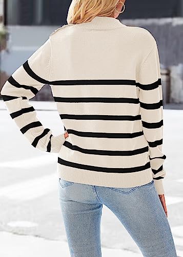 KIRUNDO Women's 2023 Fall Winter Long Sleeve Knit Sweater Turtleneck Striped Loose Pullover Tops Deco with Metal Buttons(White, Small)