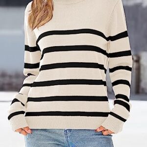 KIRUNDO Women's 2023 Fall Winter Long Sleeve Knit Sweater Turtleneck Striped Loose Pullover Tops Deco with Metal Buttons(White, Small)