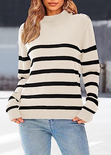 KIRUNDO Women's 2023 Fall Winter Long Sleeve Knit Sweater Turtleneck Striped Loose Pullover Tops Deco with Metal Buttons(White, Small)