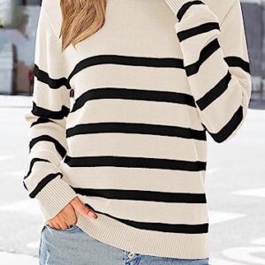 KIRUNDO Women's 2023 Fall Winter Long Sleeve Knit Sweater Turtleneck Striped Loose Pullover Tops Deco with Metal Buttons(White, Small)