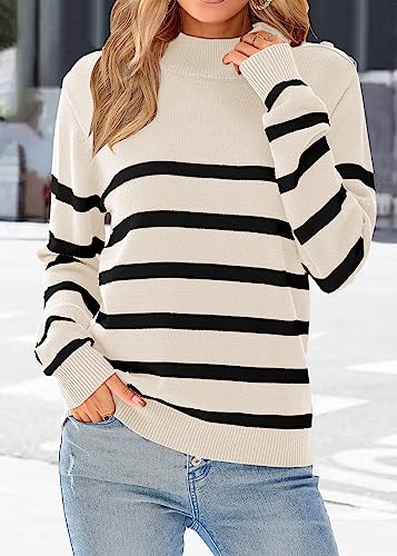 KIRUNDO Women's 2023 Fall Winter Long Sleeve Knit Sweater Turtleneck Striped Loose Pullover Tops Deco with Metal Buttons(White, Small)