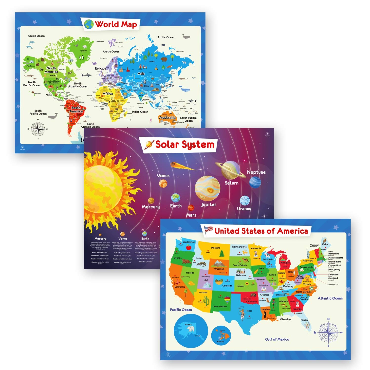 3 Pack - Solar System Poster, World Map Poster for Kids Wall and United States Map for Kids, Perfect Maps for Toddlers, Children, Kindergarten, Preschool, Playroom or Classroom, Laminated, 24x18