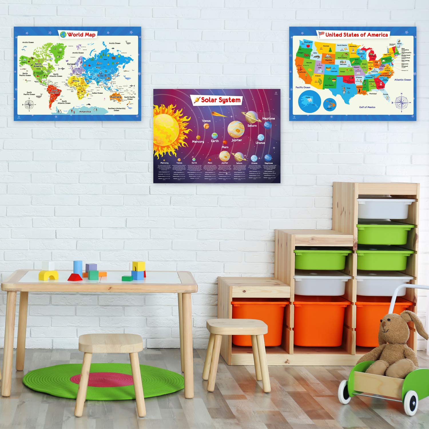 3 Pack - Solar System Poster, World Map Poster for Kids Wall and United States Map for Kids, Perfect Maps for Toddlers, Children, Kindergarten, Preschool, Playroom or Classroom, Laminated, 24x18