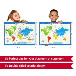 3 Pack - Solar System Poster, World Map Poster for Kids Wall and United States Map for Kids, Perfect Maps for Toddlers, Children, Kindergarten, Preschool, Playroom or Classroom, Laminated, 24x18