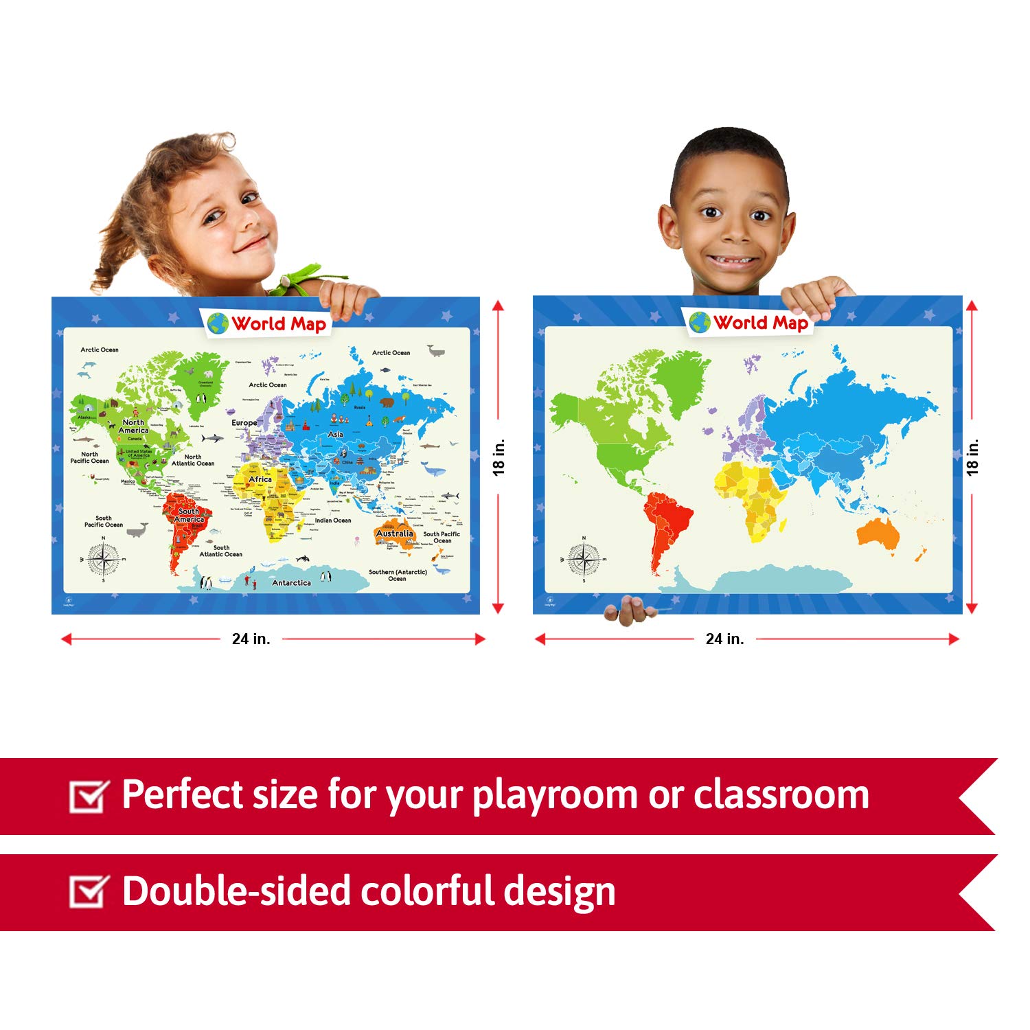 3 Pack - Solar System Poster, World Map Poster for Kids Wall and United States Map for Kids, Perfect Maps for Toddlers, Children, Kindergarten, Preschool, Playroom or Classroom, Laminated, 24x18