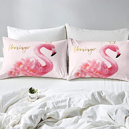 Feelyou Flamingo Duvet Cover Tropical Animal Pattern Bedding Set Pink Floral Comforter Cover for Girls Children Women Bedroom Decor Girly Flowers Bedspread Cover Full Size with 2 Pillow Case