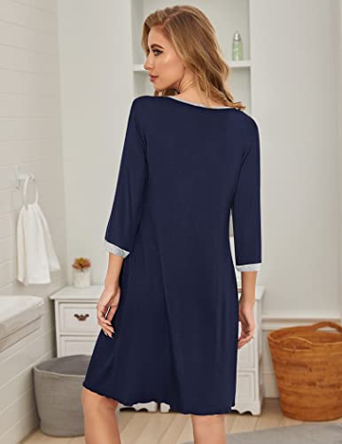 Ekouaer Sleepwear for Women Long Nightgowns for Women Sleepshirt Long Sleeve Nightgown Loose Fit Sleepshirt，Navy Blue L