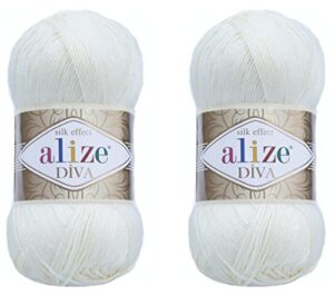 alize diva yarn hand knitting yarn 100% microfiber acrylic yarn alize diva silk effect thread crochet art lace craft lot of 2 skeins 200gr 767 yds (1055-sugar white)