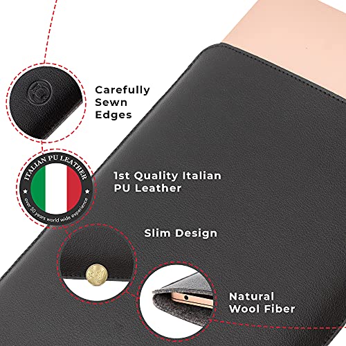 Slim PU Leather Laptop Sleeve 13 Inch | Professional Looking MacBook Air Sleeve, Soft Touch Wool Padded, No Smell Made of Italian PU Leather, Fits: Mac Book Pro 2020, iPad & Other Laptop Case - Black