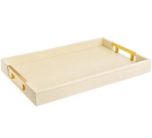 modern elegant 18"x12" rectangle cream glossy shagreen decorative ottoman coffee table perfume living room kitchen serving tray with gold polished metal handles by home redefined for all occasion's