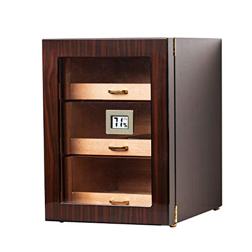 Woodronic Cigar Humidor Cabinet for 100-150 Cigars with Digital Hygrometer, Spanish Cedar Lining and Drawers, Crystal Beads Humidifiers, Magnetic Door, Glossy Ebony Finish, Desktop Gift for Father