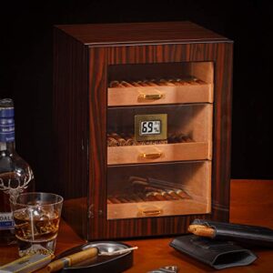 Woodronic Cigar Humidor Cabinet for 100-150 Cigars with Digital Hygrometer, Spanish Cedar Lining and Drawers, Crystal Beads Humidifiers, Magnetic Door, Glossy Ebony Finish, Desktop Gift for Father