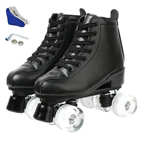 Magnitt Women's Roller Skates,Double Row Skates Adjustable Leather High-top Roller Skates Perfect Indoor Outdoor Adult Roller Skates with Bag（37=US6,Black no Flash Wheel）