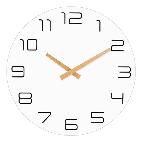 Lumuasky Wall Clock 12 Inch Wood Silent Non-Ticking Battery Operated White Flatwood Modern Simple Clock Decorative for Living Room Office Kitchen Home Bedroom School Hotel