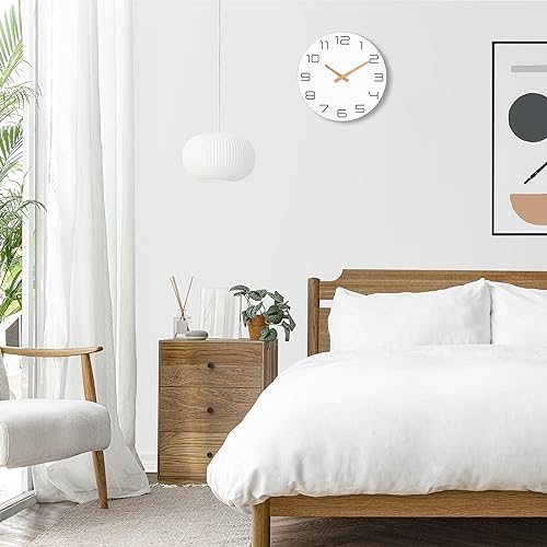 Lumuasky Wall Clock 12 Inch Wood Silent Non-Ticking Battery Operated White Flatwood Modern Simple Clock Decorative for Living Room Office Kitchen Home Bedroom School Hotel