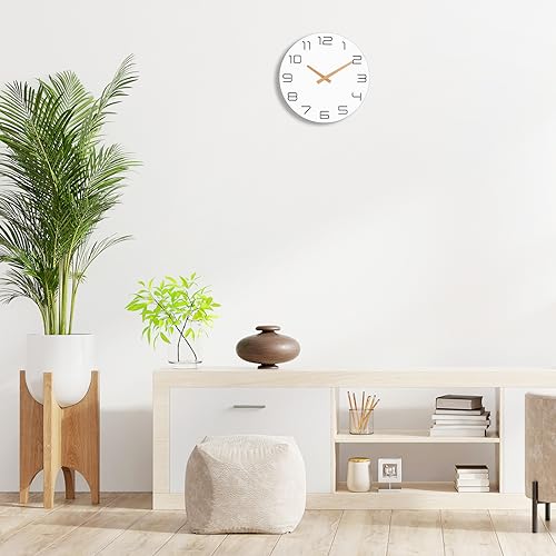 Lumuasky Wall Clock 12 Inch Wood Silent Non-Ticking Battery Operated White Flatwood Modern Simple Clock Decorative for Living Room Office Kitchen Home Bedroom School Hotel