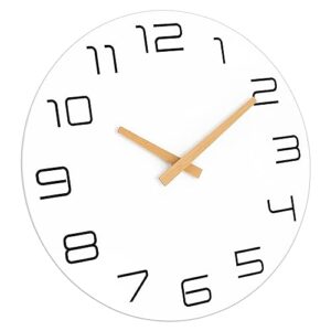 Lumuasky Wall Clock 12 Inch Wood Silent Non-Ticking Battery Operated White Flatwood Modern Simple Clock Decorative for Living Room Office Kitchen Home Bedroom School Hotel