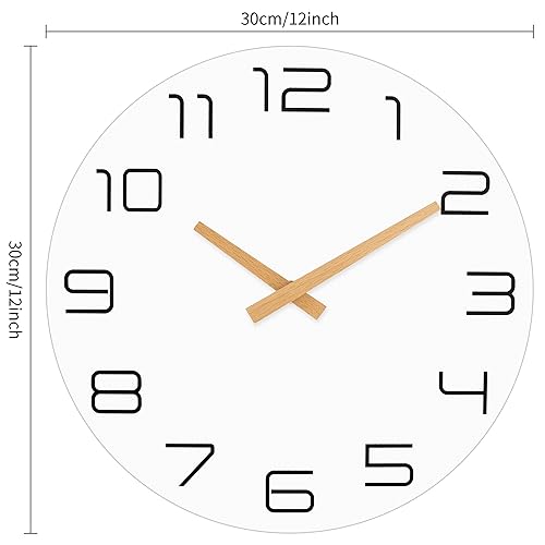 Lumuasky Wall Clock 12 Inch Wood Silent Non-Ticking Battery Operated White Flatwood Modern Simple Clock Decorative for Living Room Office Kitchen Home Bedroom School Hotel
