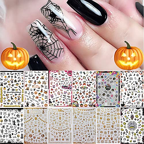 Halloween Nail Art Stickers Decals, Kalolary Self-Adhesive DIY Nail Sticker Decals 3D Design Nail Decorations for Halloween Party Include Pumpkin/Bat/Ghost/Witch(12 Sheets)