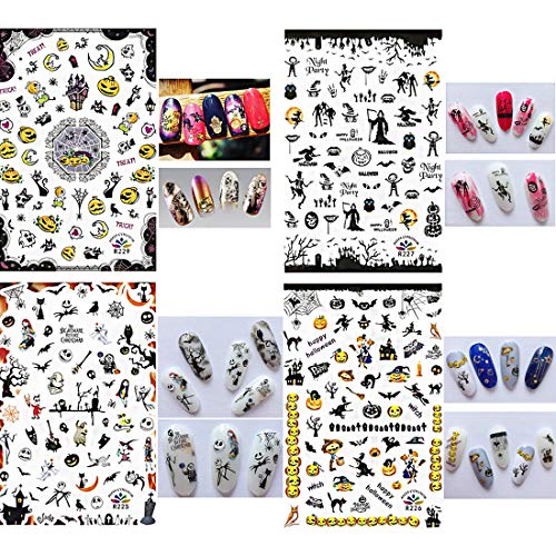 Halloween Nail Art Stickers Decals, Kalolary Self-Adhesive DIY Nail Sticker Decals 3D Design Nail Decorations for Halloween Party Include Pumpkin/Bat/Ghost/Witch(12 Sheets)