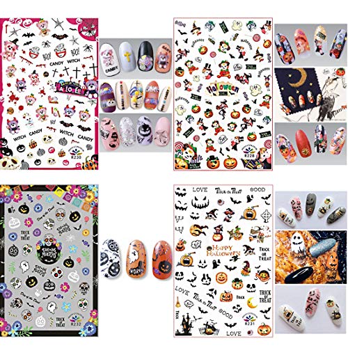 Halloween Nail Art Stickers Decals, Kalolary Self-Adhesive DIY Nail Sticker Decals 3D Design Nail Decorations for Halloween Party Include Pumpkin/Bat/Ghost/Witch(12 Sheets)