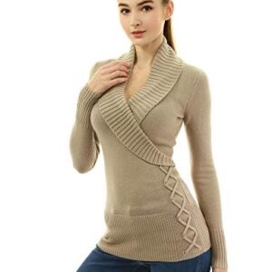 AmélieBoutik Women Shawl Collar Faux Wrap Lace Up Long Sleeve Sweater (Deep Beige X-Small)