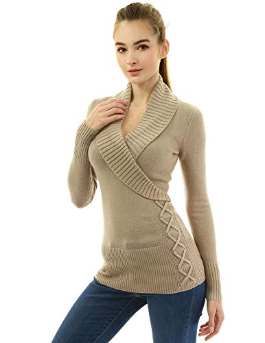 AmélieBoutik Women Shawl Collar Faux Wrap Lace Up Long Sleeve Sweater (Deep Beige X-Small)