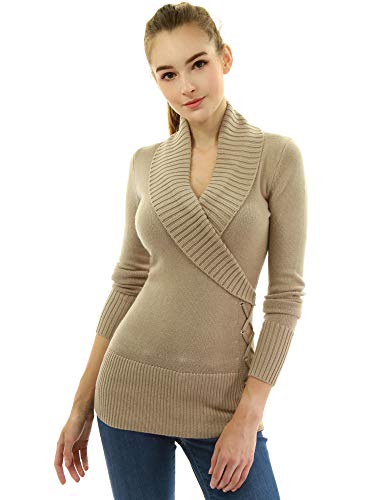 AmélieBoutik Women Shawl Collar Faux Wrap Lace Up Long Sleeve Sweater (Deep Beige X-Small)